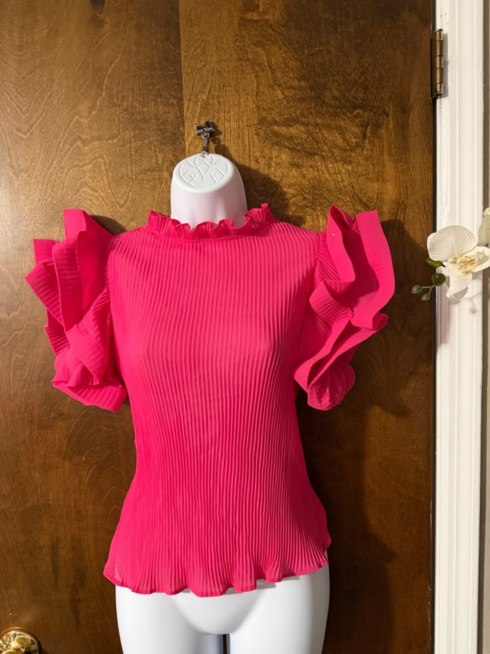 SHEIN Hot Pink Pleated Ruffle Sleeve Top